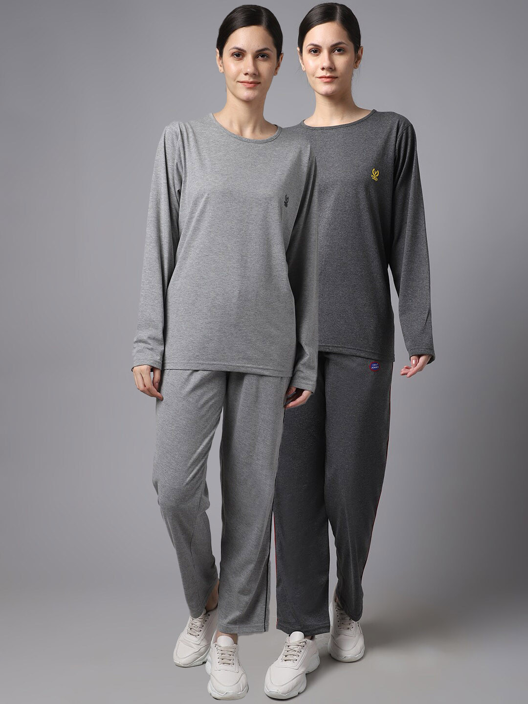 

MACK JONNEY Women Pack Of 2 Solid Pure Cotton Tracksuits, Grey melange
