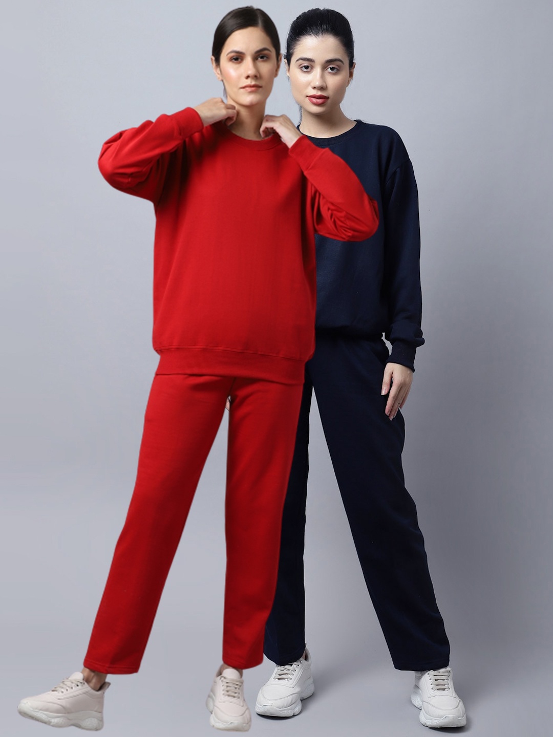 

VIMAL JONNEY Women Pack of 2 Red & Navy Blue Solid Fleece Tracksuits