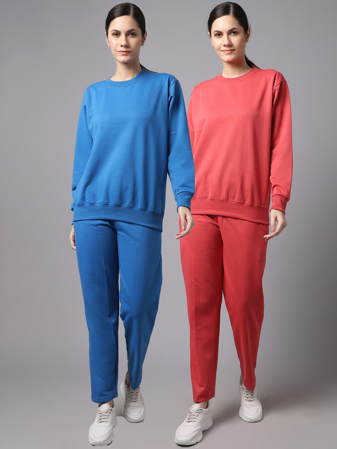 

VIMAL JONNEY Women Pack Of 2 Blue & Coral Solid Fleece Tracksuits