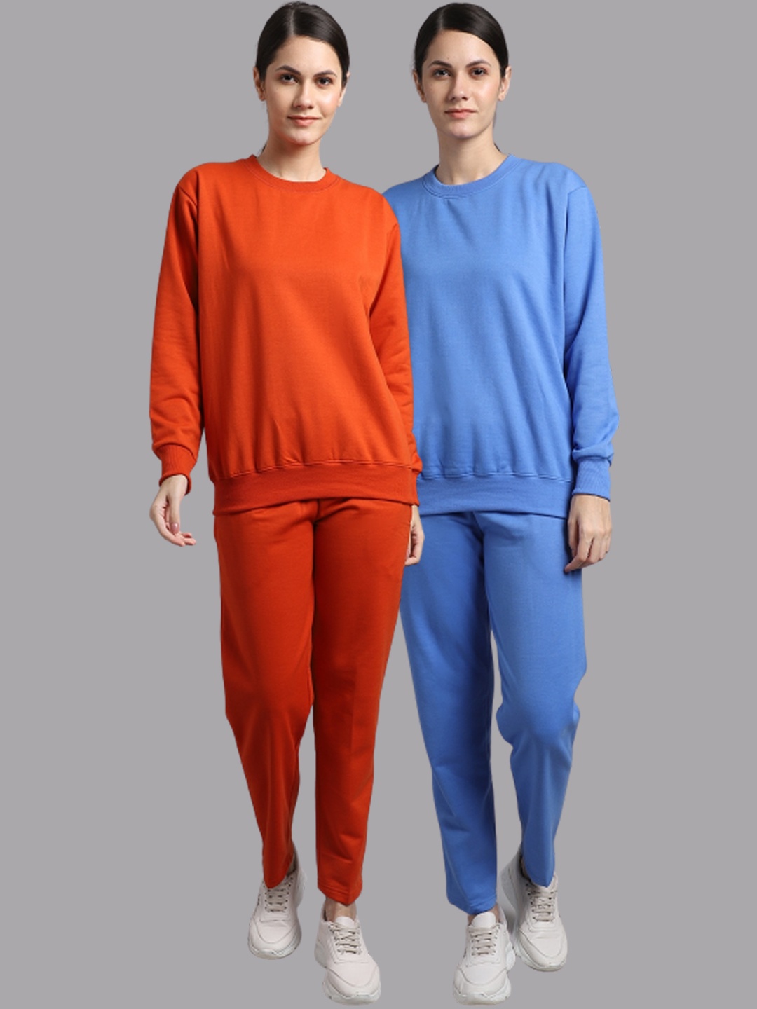 

VIMAL JONNEY Women Pack Of 2 Blue & Orange Solid Fleece Tracksuits