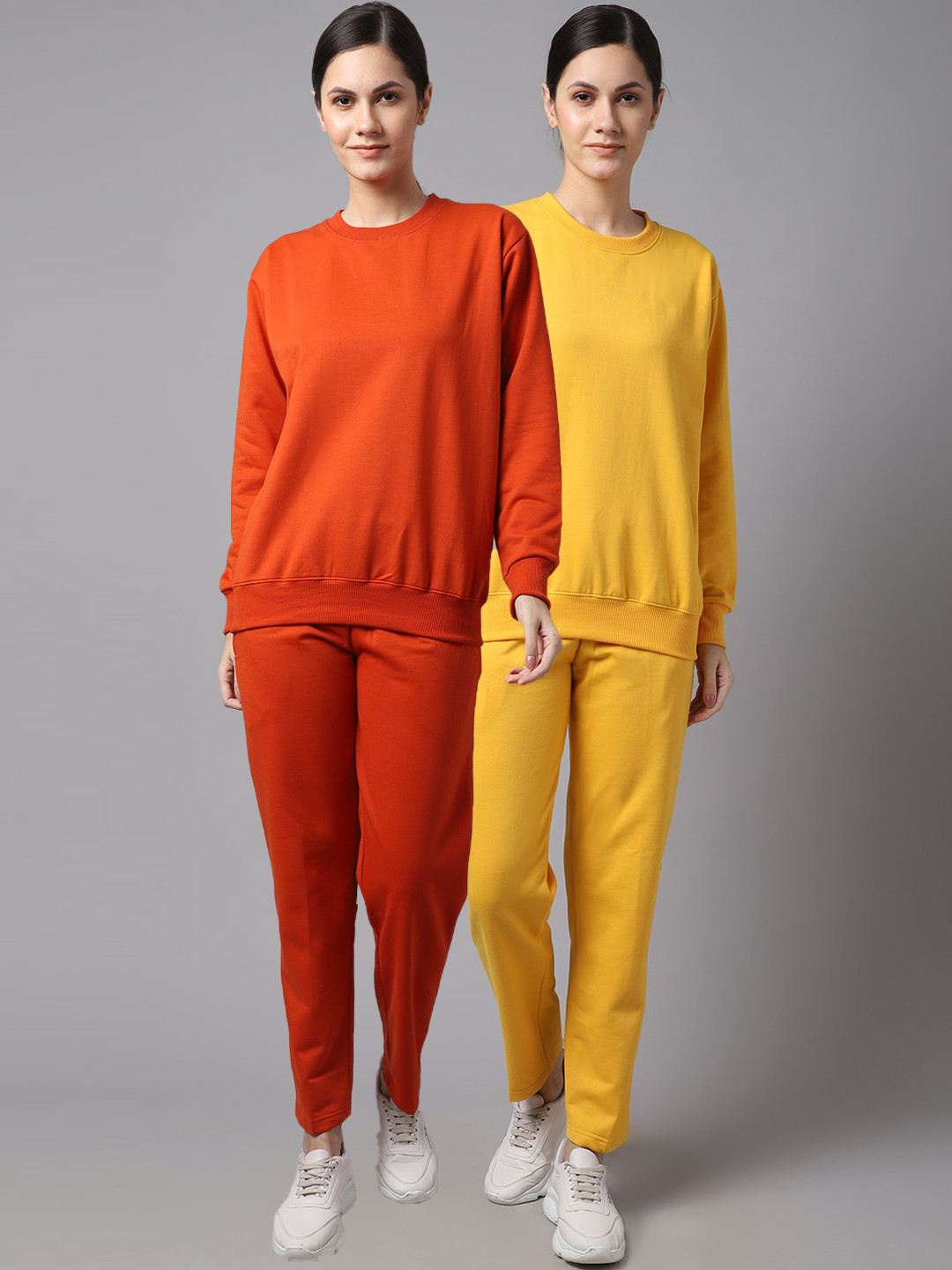 

VIMAL JONNEY Women Pack Of 2 Red & Yellow Solid Fleece Tracksuits