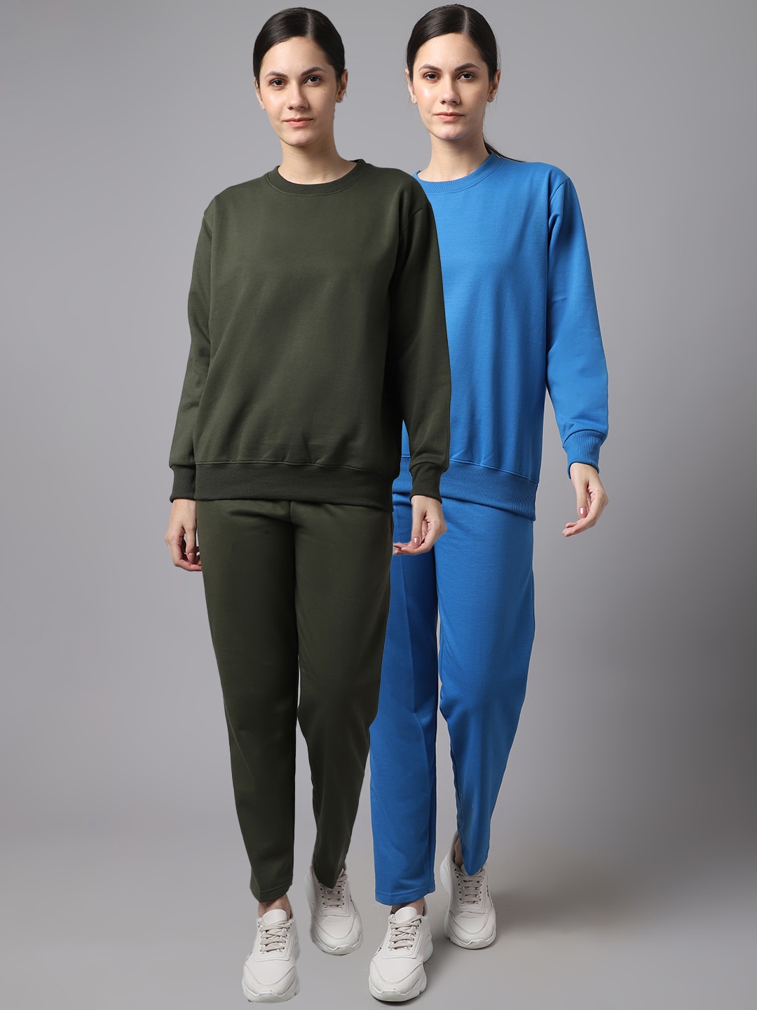 

VIMAL JONNEY Women Pack Of 2 Olive Green & Blue Solid Fleece Tracksuits