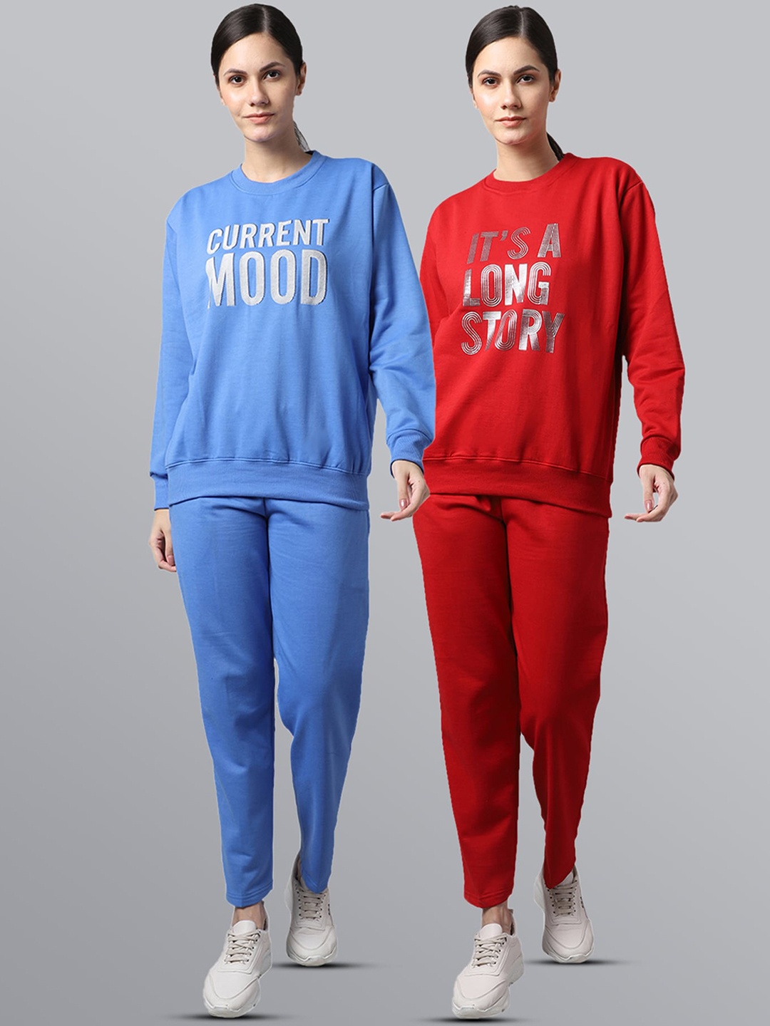 

VIMAL JONNEY Women Pack Of 2 Red & Blue Typography Printed Fleece Tracksuits