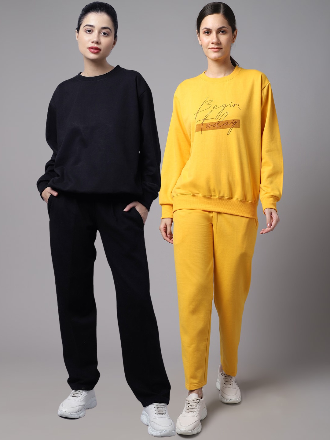 

VIMAL JONNEY Women Pack Of 2 Black & Yellow Typography Printed Fleece Tracksuits
