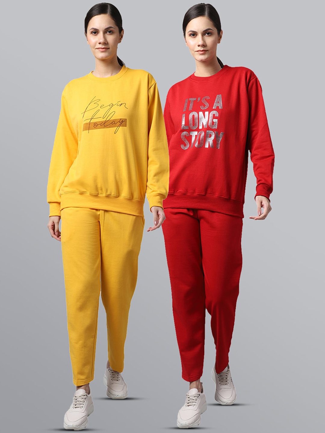 

VIMAL JONNEY Women Pack Of 2 Red & Yellow Typography Printed Fleece Tracksuits