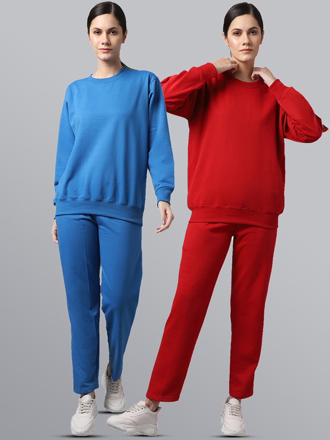 

VIMAL JONNEY Women Pack Of 2 Blue & Red Solid Fleece Tracksuits