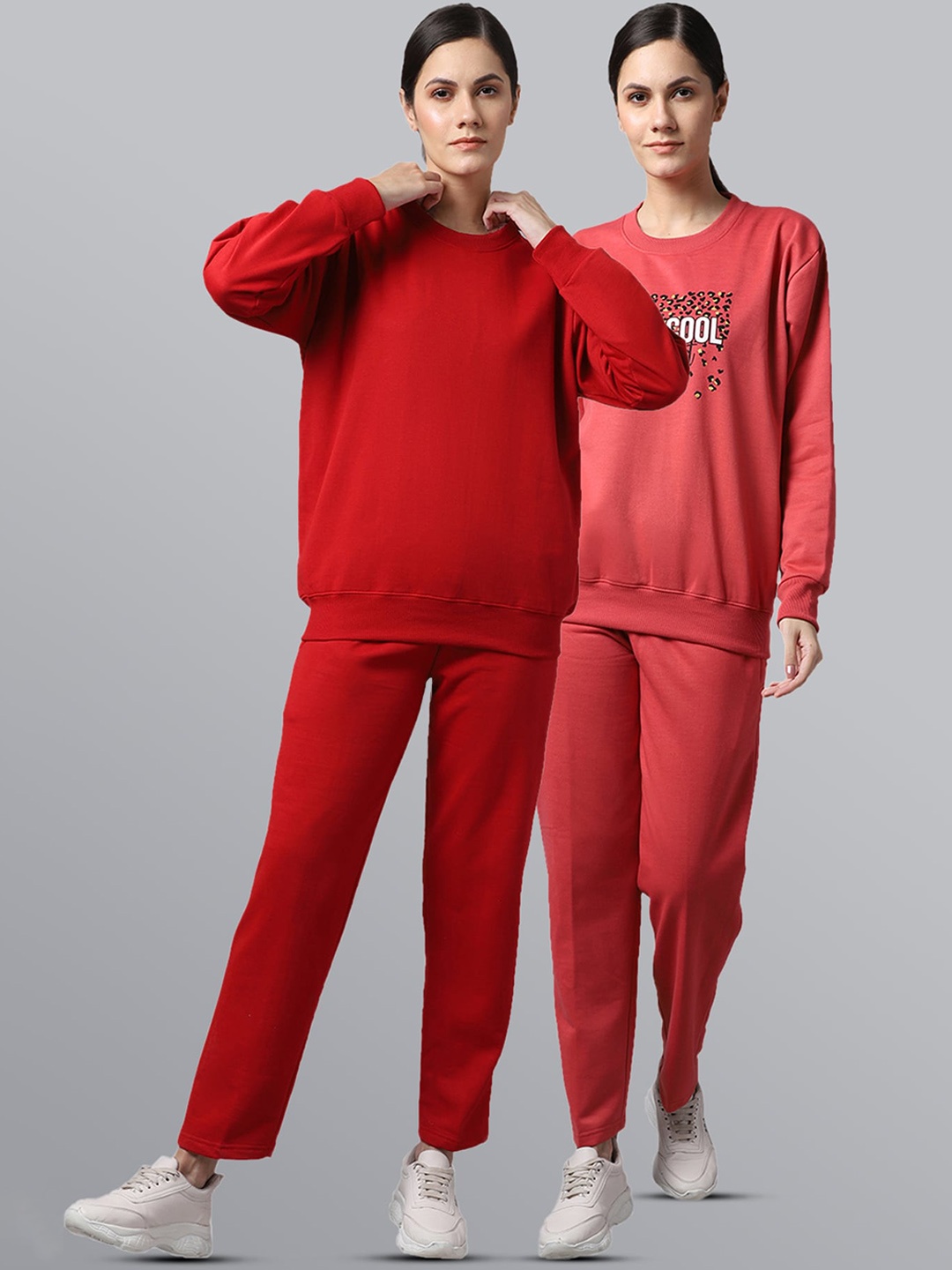 

VIMAL JONNEY Women Pack Of 2 Solid Pure Cotton Tracksuits, Red