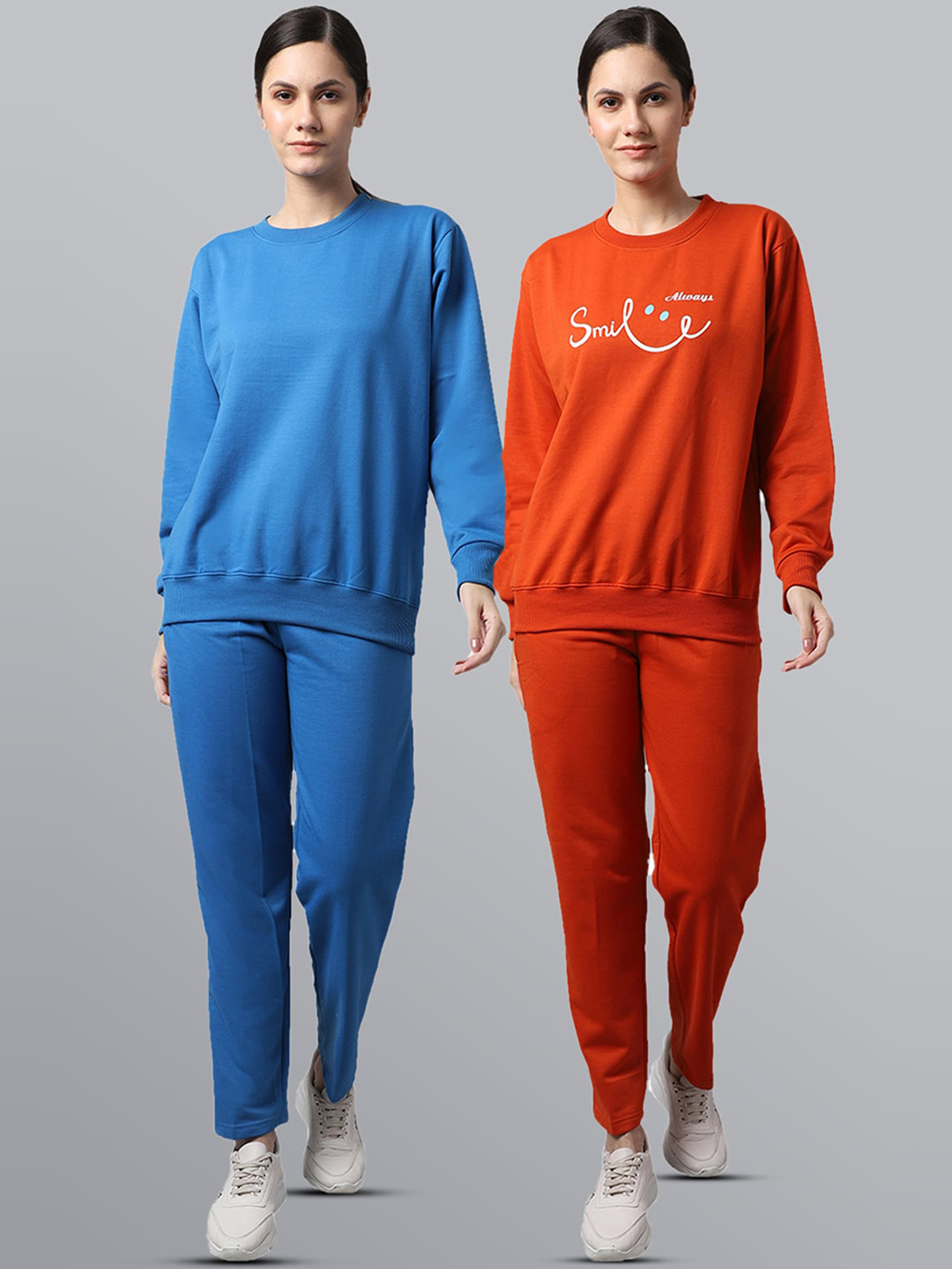 

VIMAL JONNEY Women Pack of 2 Blue & Orange Solid Cotton Tracksuits