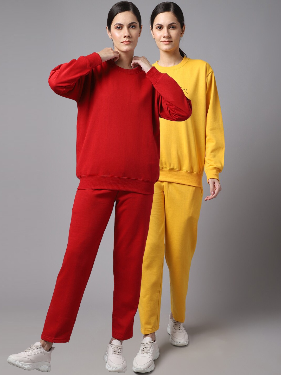 

VIMAL JONNEY Women Pack Of 2 Yellow & Red Printed Fleece Tracksuits