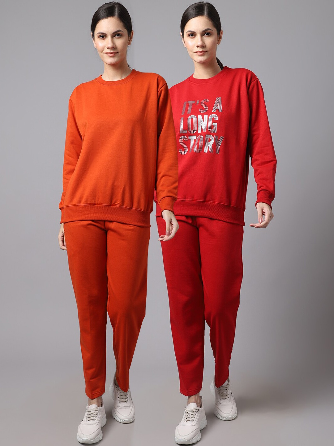 

VIMAL JONNEY Women Pack Of 2 Red & Orange Printed Fleece Tracksuits