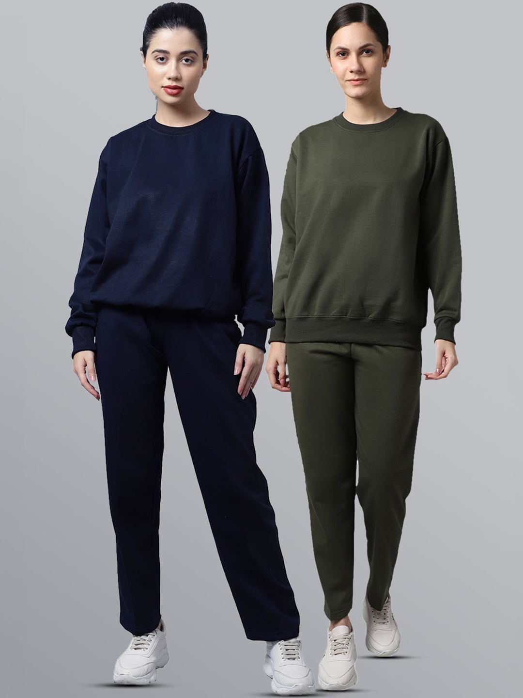 

VIMAL JONNEY Women Pack Of 2 Navy Blue & Olive Green Solid Fleece Tracksuits