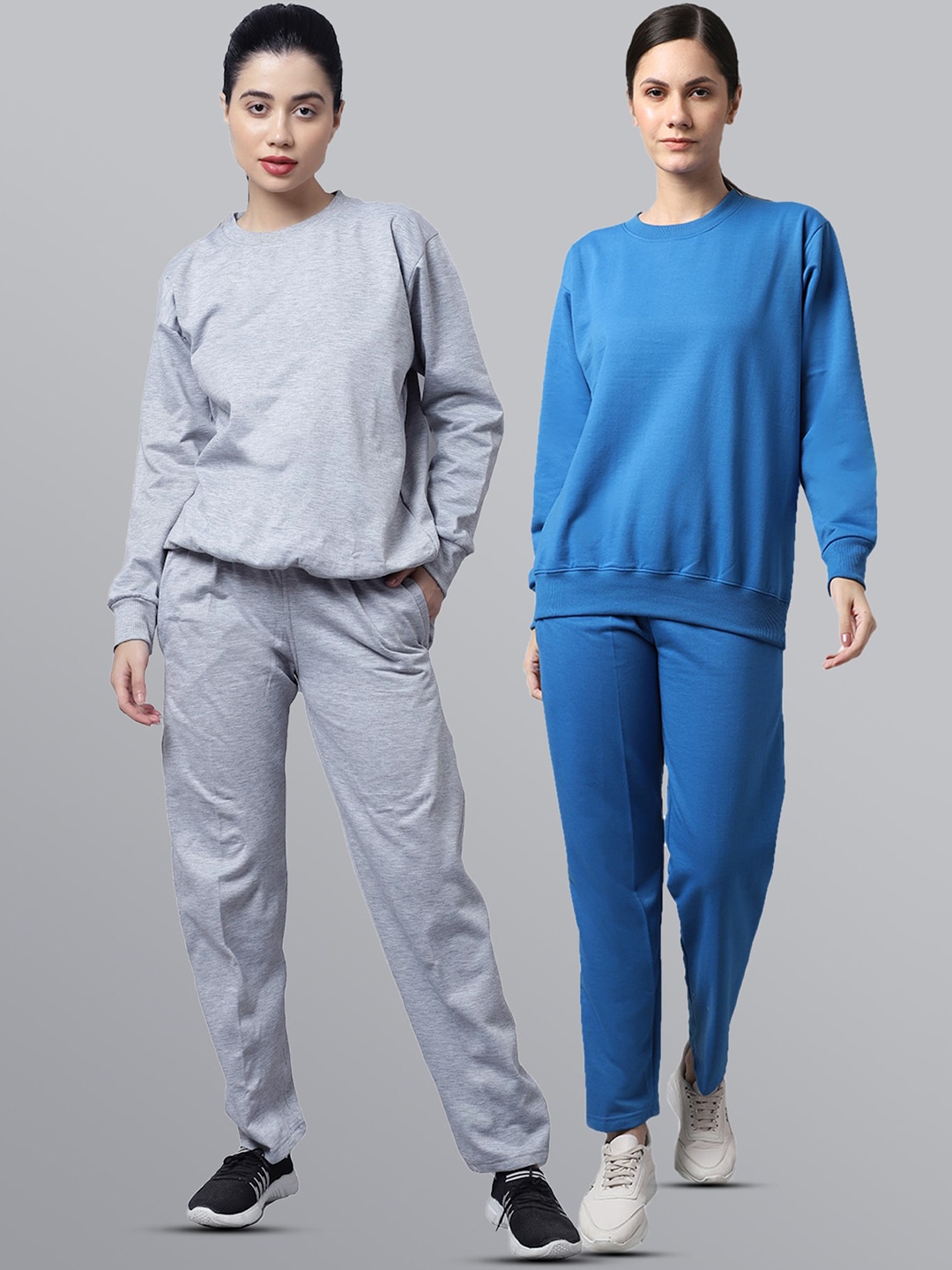 

VIMAL JONNEY Women Pack Of 2 Grey & Blue Solid Fleece Tracksuits
