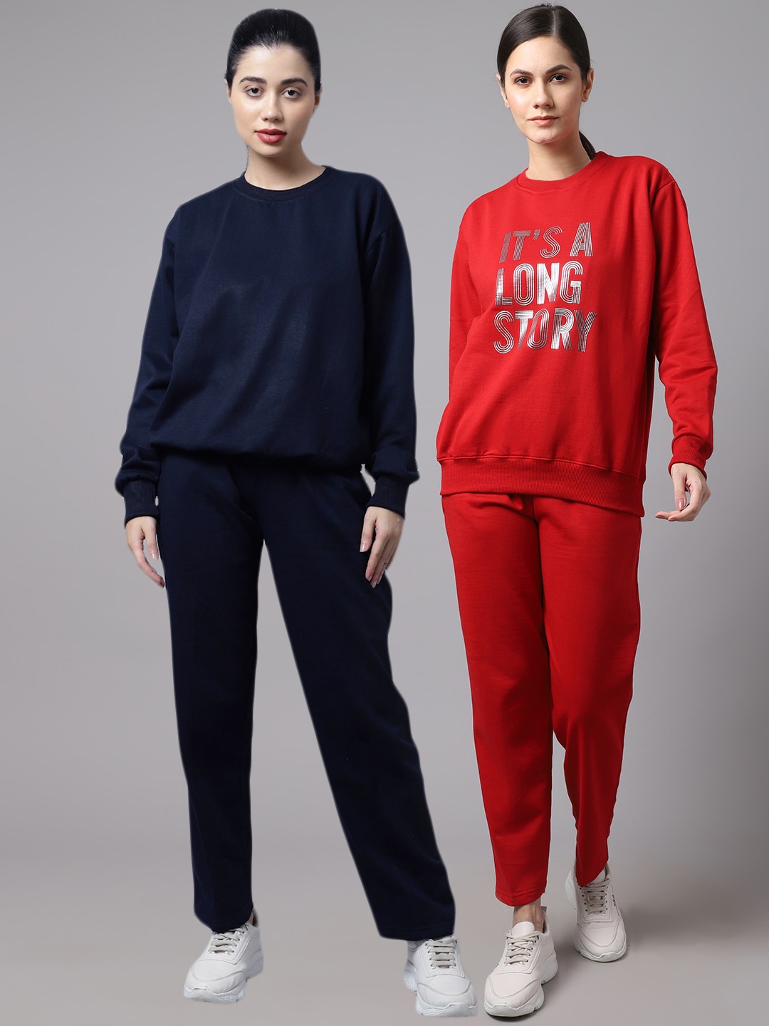 

VIMAL JONNEY Women Pack Of 2 naavy Blue & Red Printed Fleece Tracksuits, Navy blue