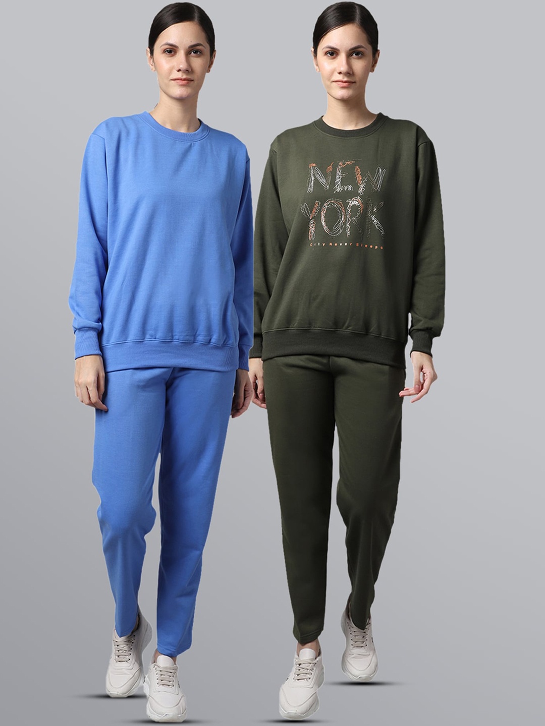 

VIMAL JONNEY Women Pack Of 2 Olive Green & Blue Printed Fleece Tracksuits