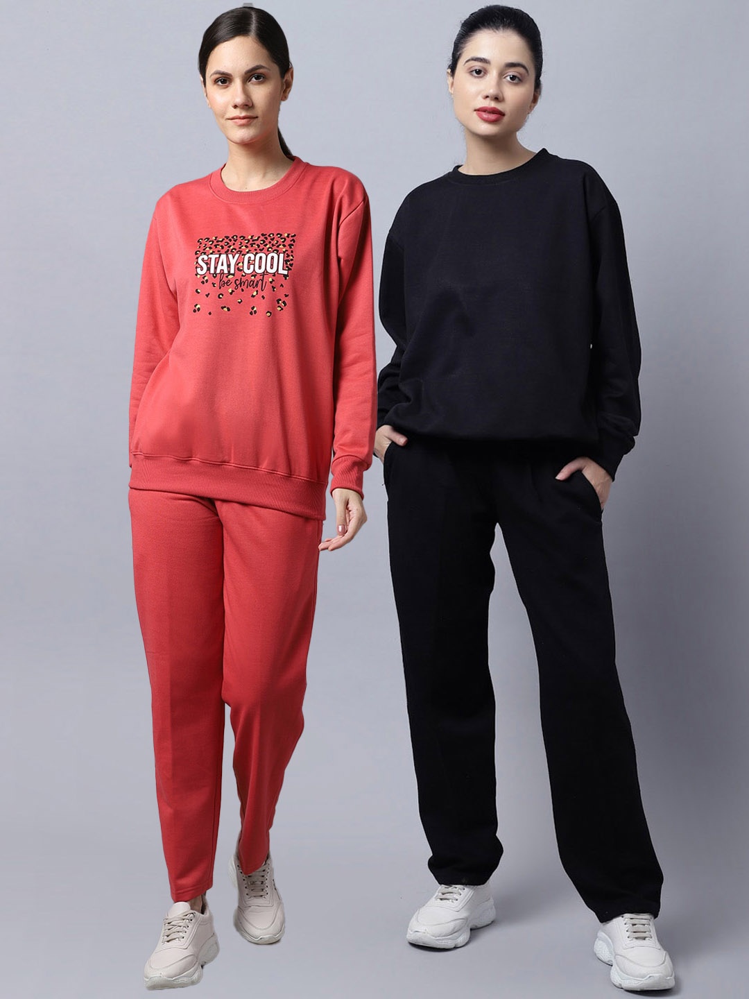 

VIMAL JONNEY Women Pack Of 2 Coral & Black Printed Fleece Tracksuits
