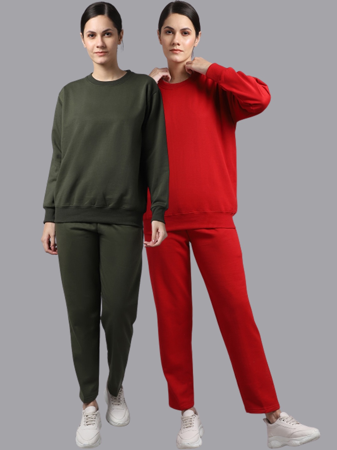 

VIMAL JONNEY Women Pack Of 2 Olive Green & Red Solid Fleece Tracksuits