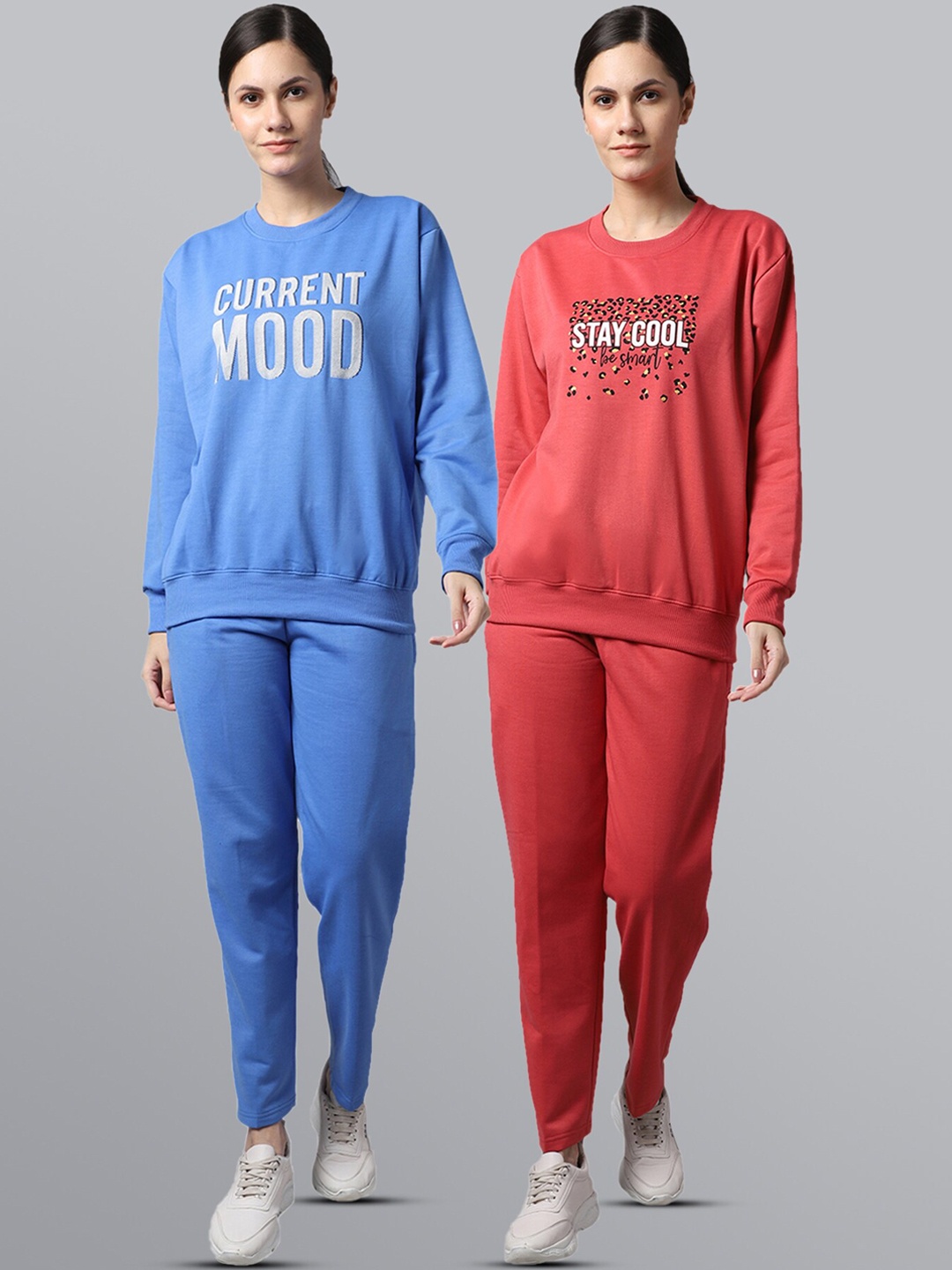 

VIMAL JONNEY Women Pack Of 2 Blue & Red Printed Fleece Tracksuits