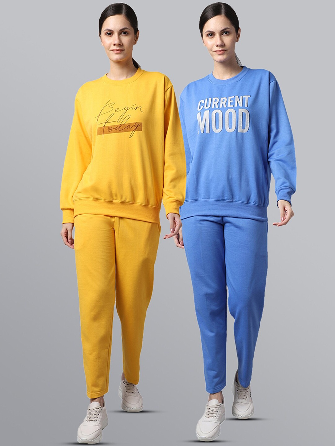 

VIMAL JONNEY Women Pack Of 2 Yellow & Blue Typography Printed Pure Cotton Tracksuits