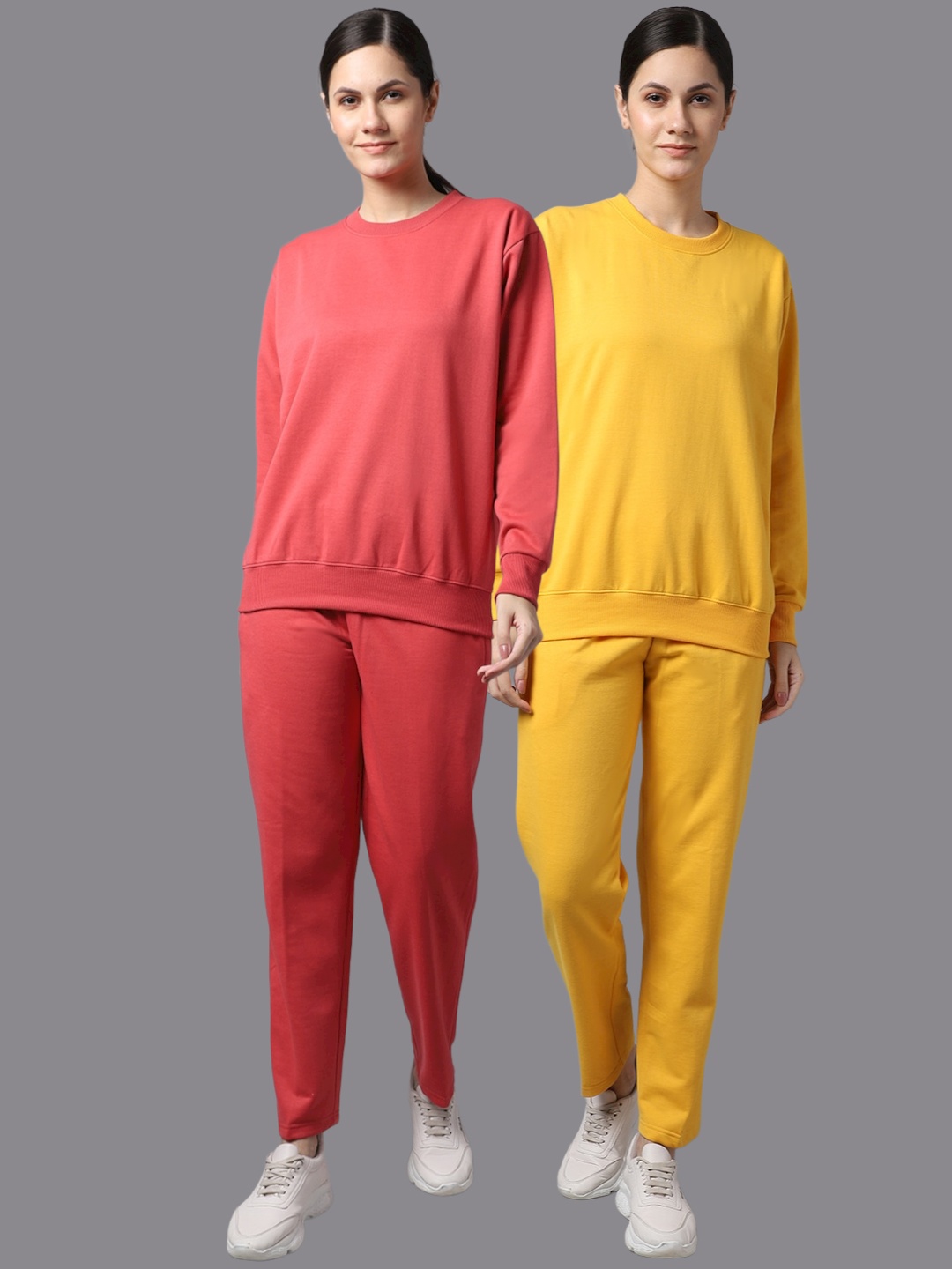 

VIMAL JONNEY Women Pack Of 2 Pink & Yellow Solid Pure Cotton Tracksuits