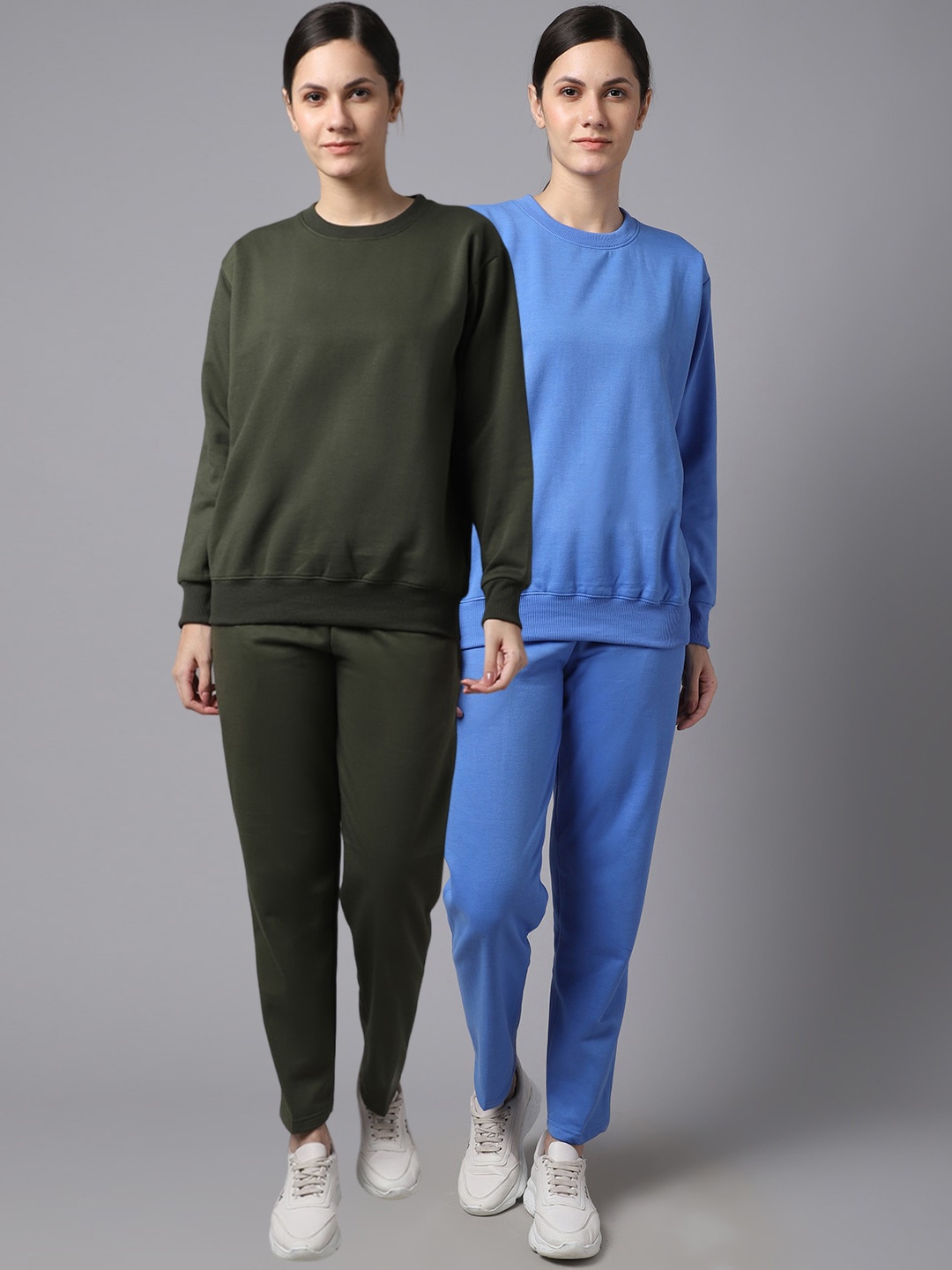 

VIMAL JONNEY Women Pack of 2 Blue & Olive Solid Cotton Tracksuits