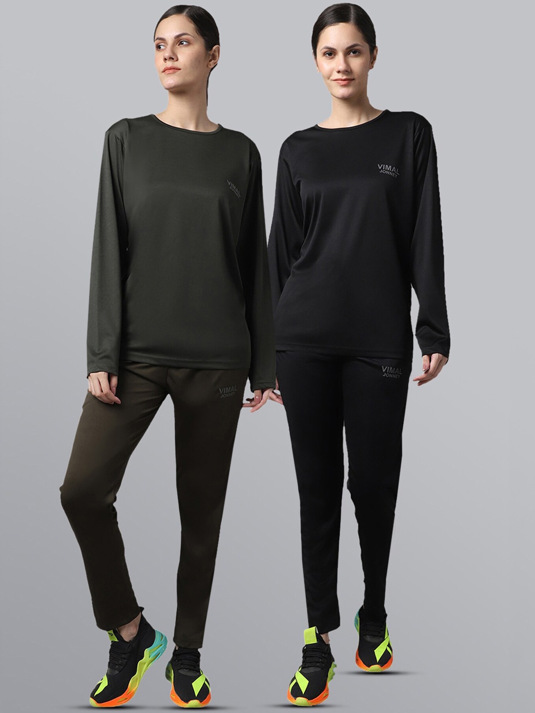 

VIMAL JONNEY Women Pack Of 2 Olive & Black Solid Tracksuits