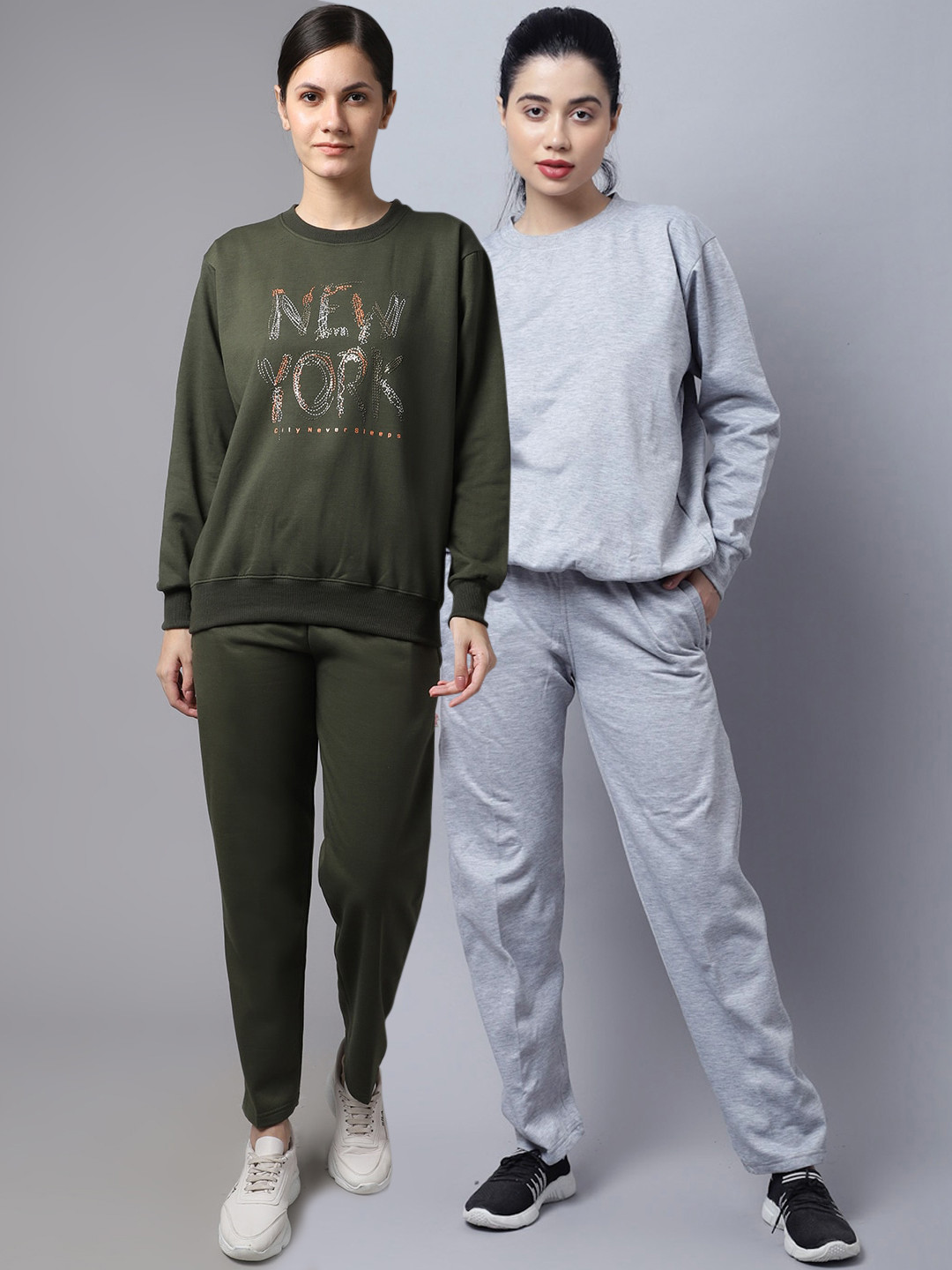 

VIMAL JONNEY Women Pack Of 2 Grey & Olive Green Solid Pure cotton Tracksuits