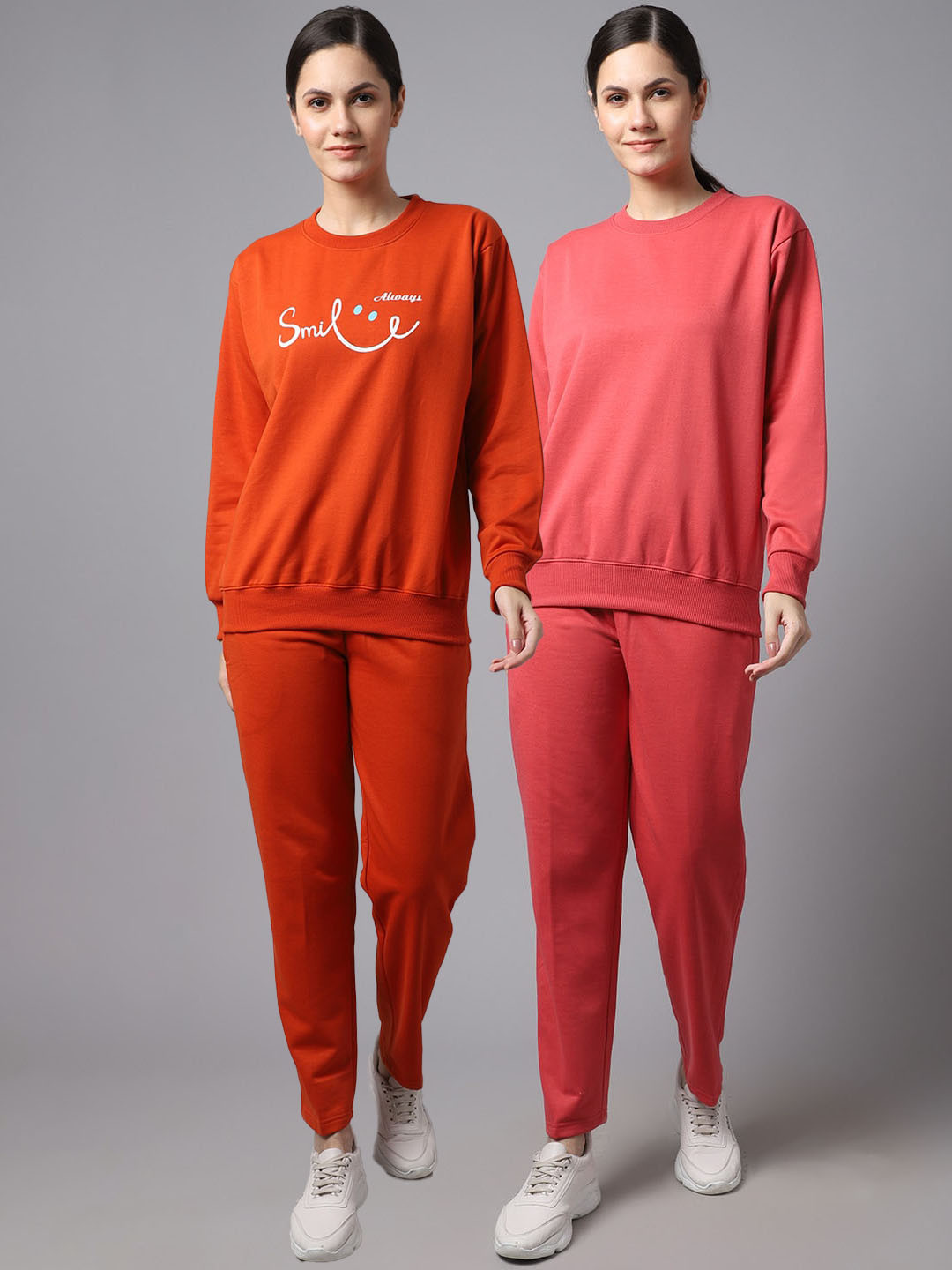 

VIMAL JONNEY Women Pack Of 2 Orange & Pink Typography Printed Pure Cotton Tracksuits