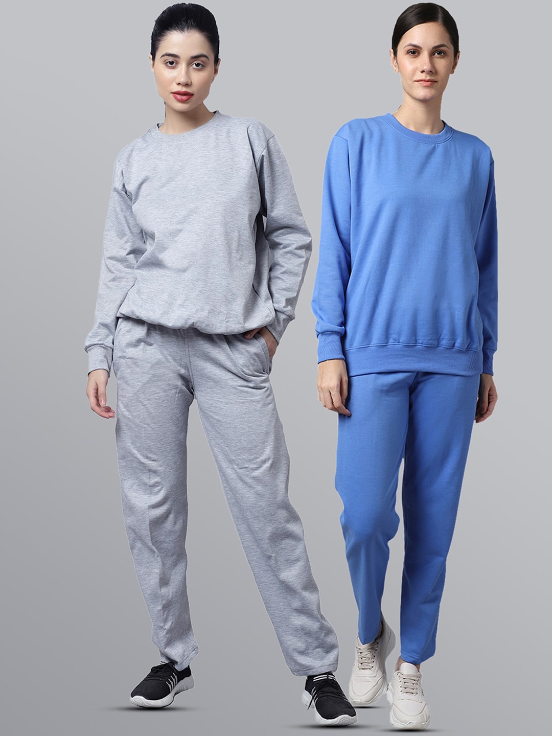 

VIMAL JONNEY Women Pack Of 2 Blue & Grey Solid Pure Cotton Tracksuits