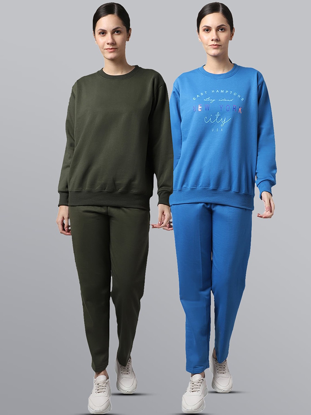 

VIMAL JONNEY Women Pack Of 2 Olive Green & Blue Pure Cotton Tracksuits