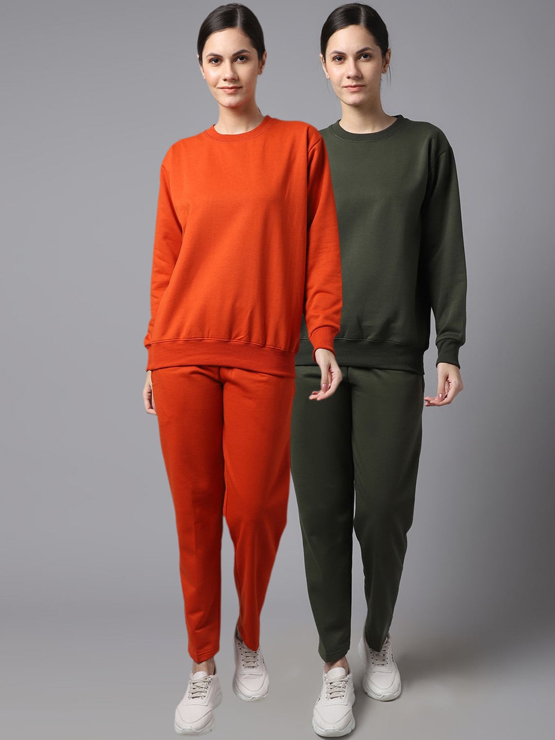 

VIMAL JONNEY Women Pack Of 2 Orange & Olive Green Solid Pure Cotton Tracksuits