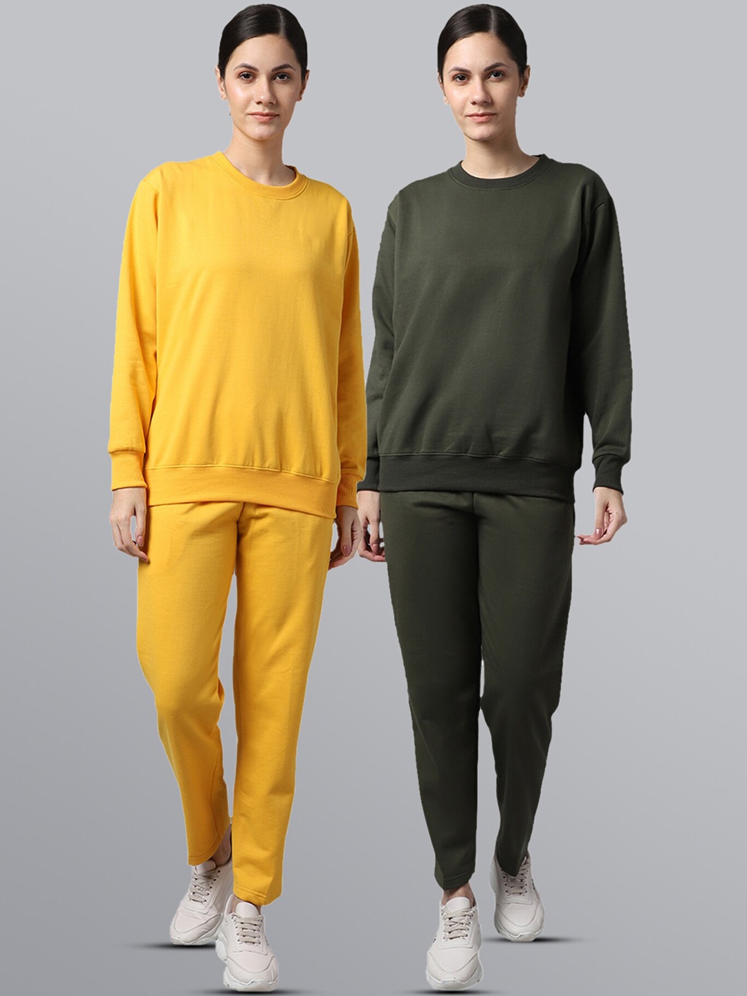 

VIMAL JONNEY Women Pack Of 2 Yellow & Olive Green Solid Pure Cotton Tracksuits