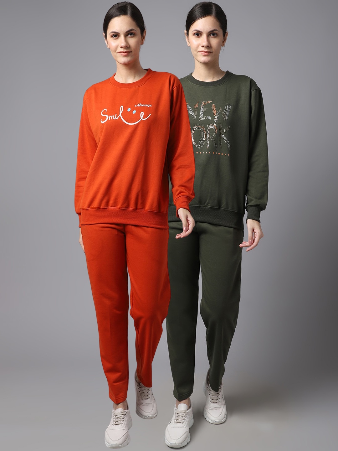 

VIMAL JONNEY Women Pack Of 2 Orange & Olive Green Typography Printed Tracksuits