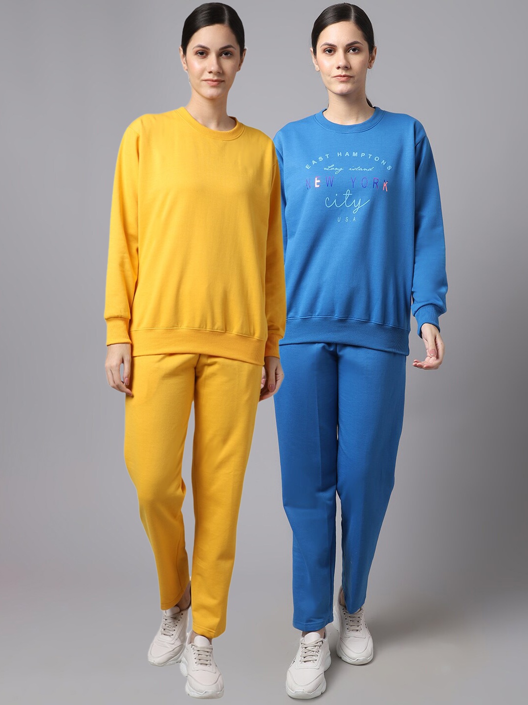 

VIMAL JONNEY Women Blue & Yellow Pack Of 2 Printed Pure Cotton Tracksuits