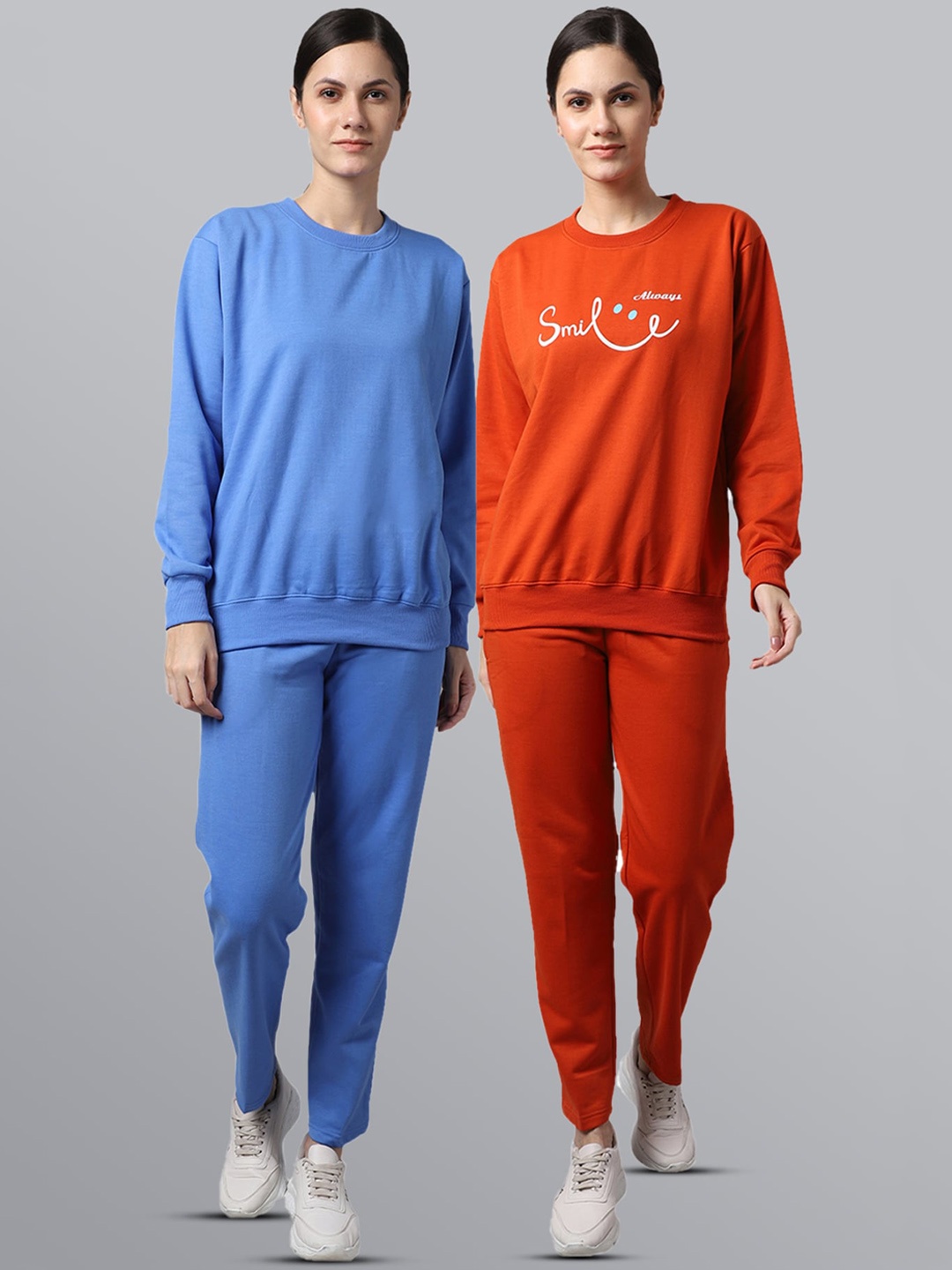 

VIMAL JONNEY Women Pack Of 2 Blue & Rust Typography Printed Pure Cotton Tracksuits