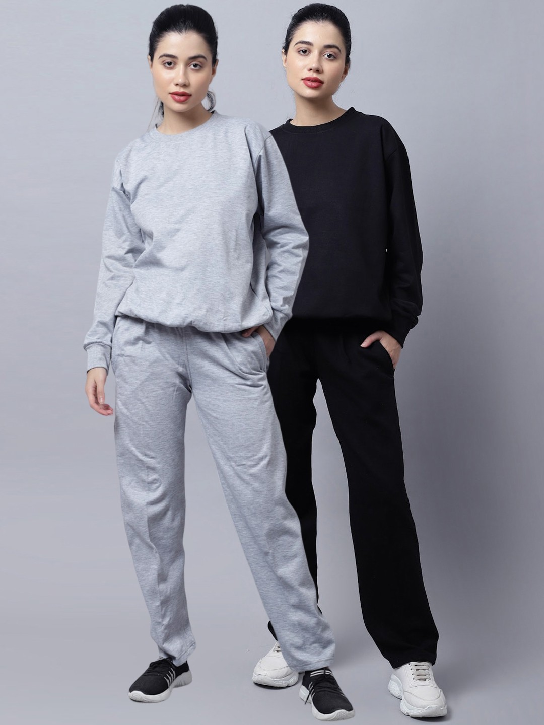 

VIMAL JONNEY Women Pack Of 2 Grey & Black Solid Pure Cotton Tracksuits