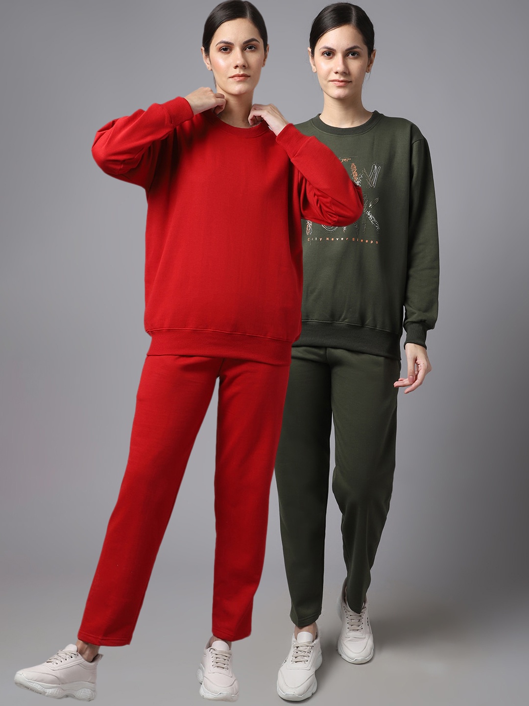 

VIMAL JONNEY Women Pack Of 2 Red & Green Embroidered Fleece Tracksuits