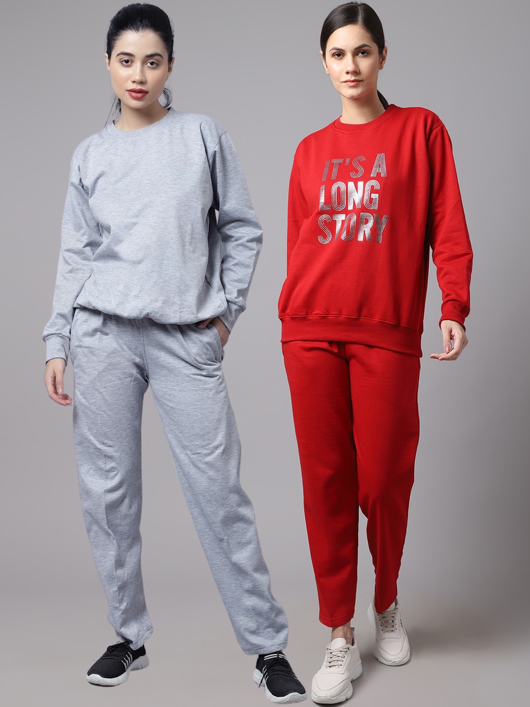 

VIMAL JONNEY Women Pack Of 2 Grey Melange and Maroon Printed Fleece Tracksuits
