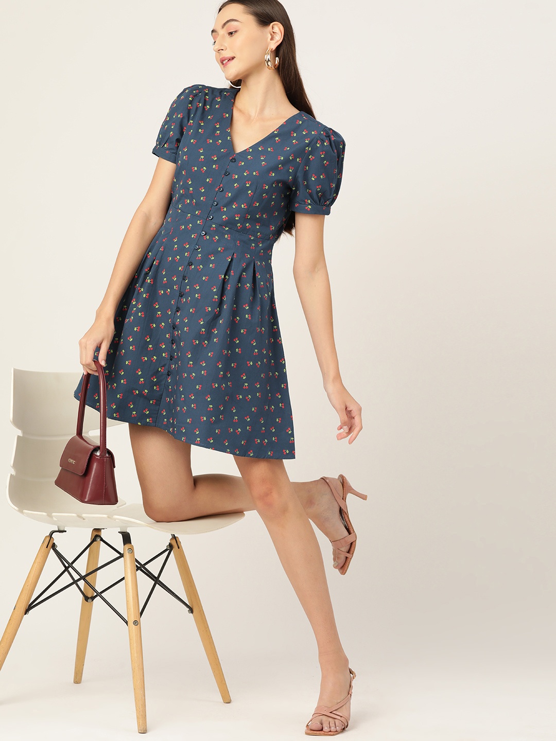 

DressBerry Cherry Print Pure Cotton Fit & Flare Dress, Navy blue