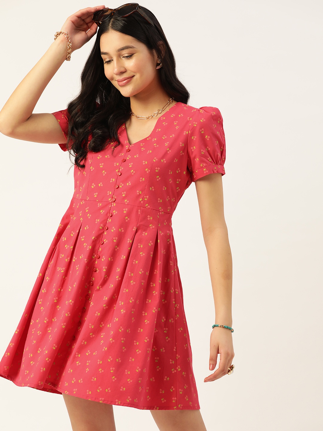 

DressBerry Cherry Print Pure Cotton Fit & Flare Dress, Coral