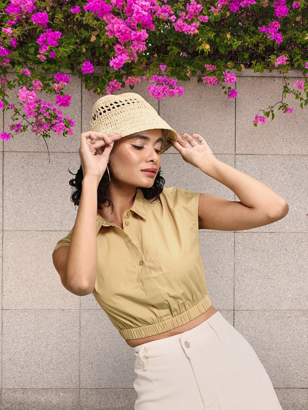 

DressBerry Pure Cotton Extended Sleeves Shirt Style Crop Top, Beige