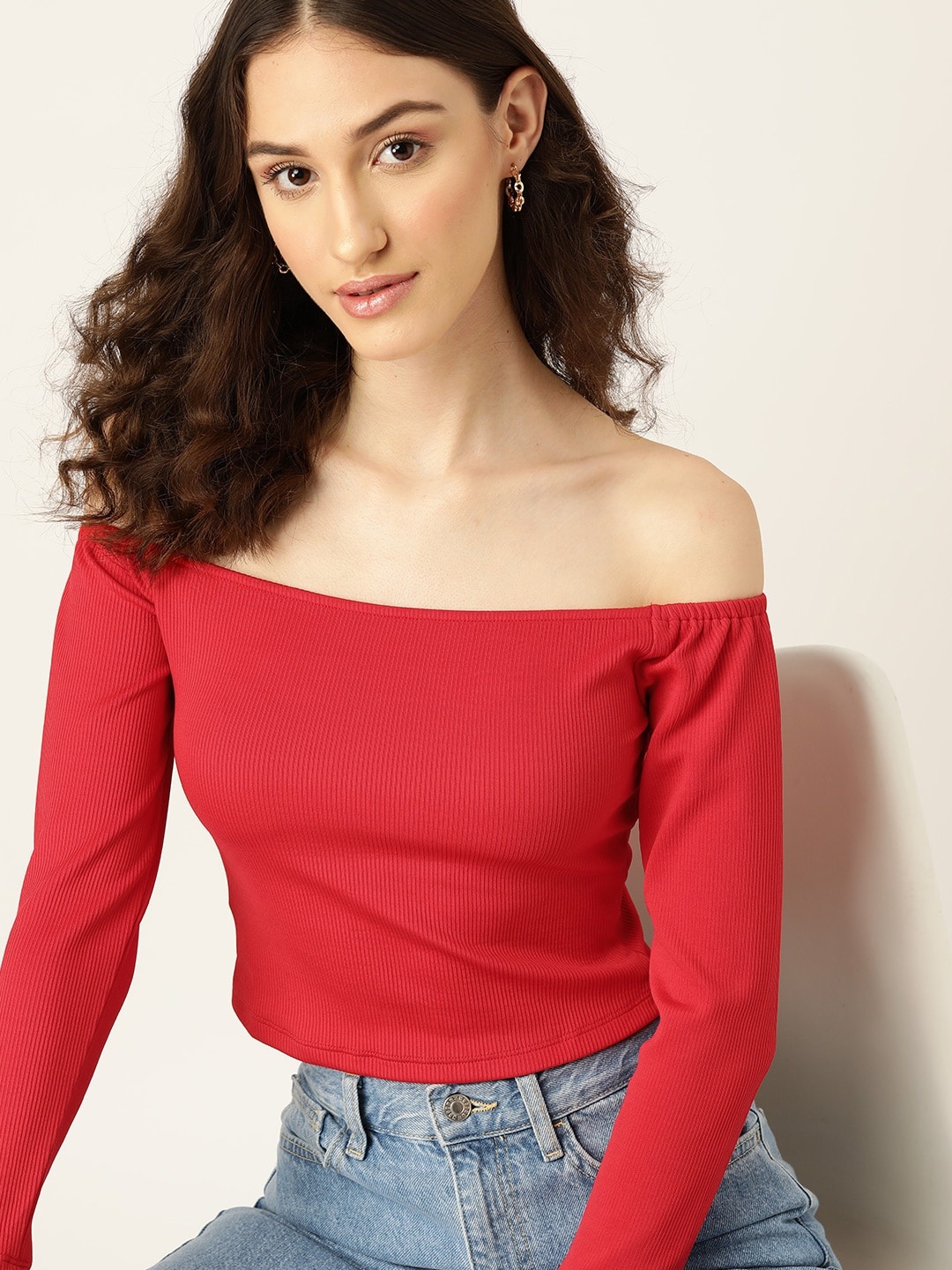 

DressBerry Ribbed Off-Shoulder Bardot Crop Top, Red