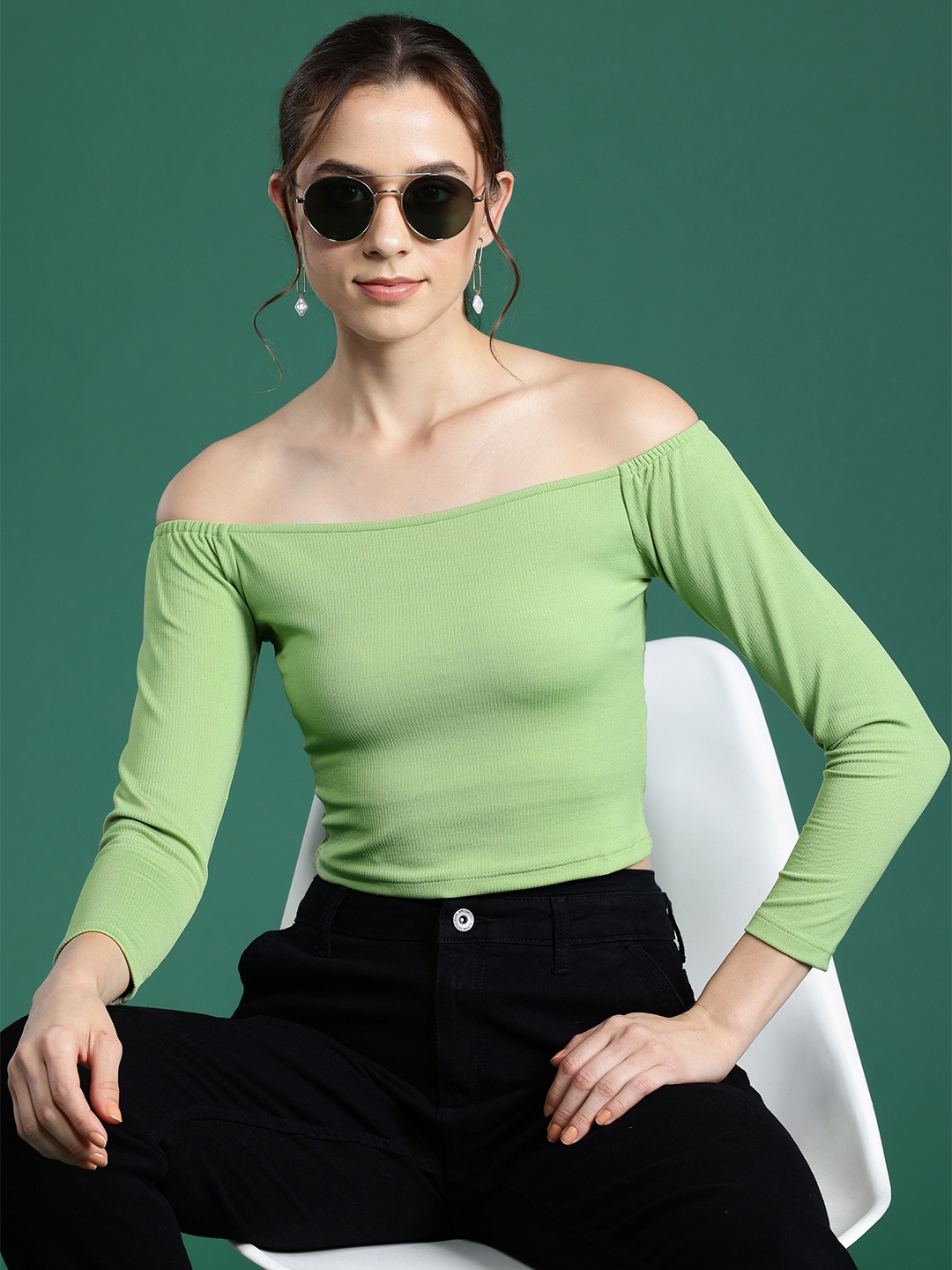

DressBerry Ribbed Off-Shoulder Bardot Top, Green