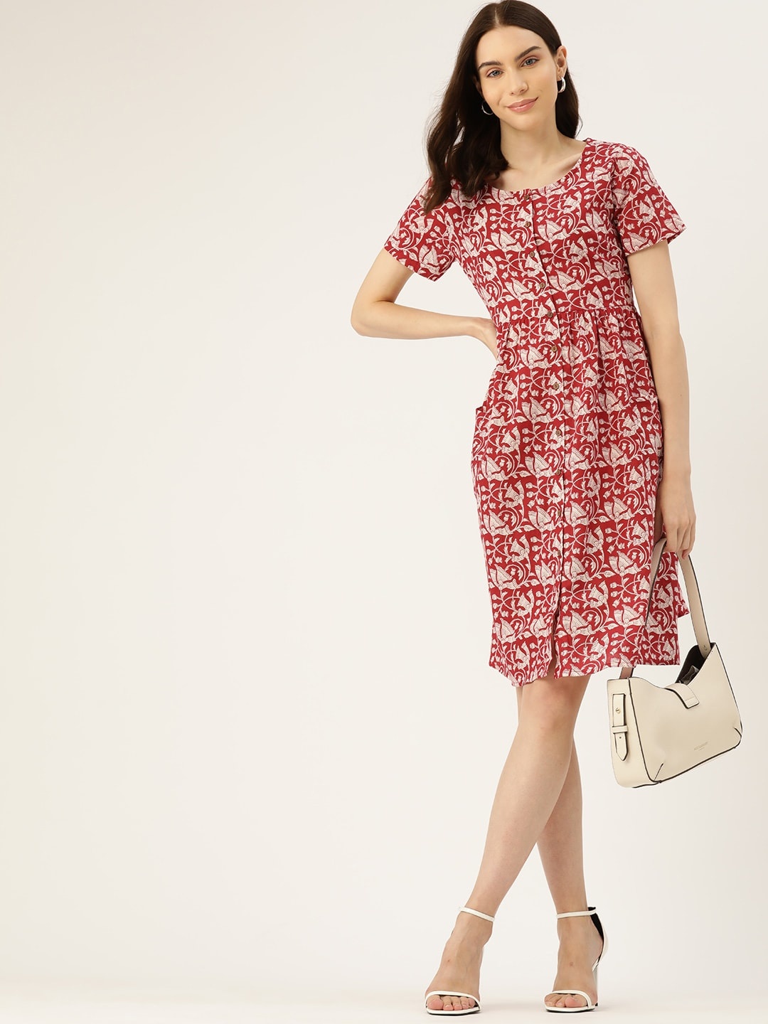 

DressBerry Pure Cotton Floral Print A-Line Dress, Maroon