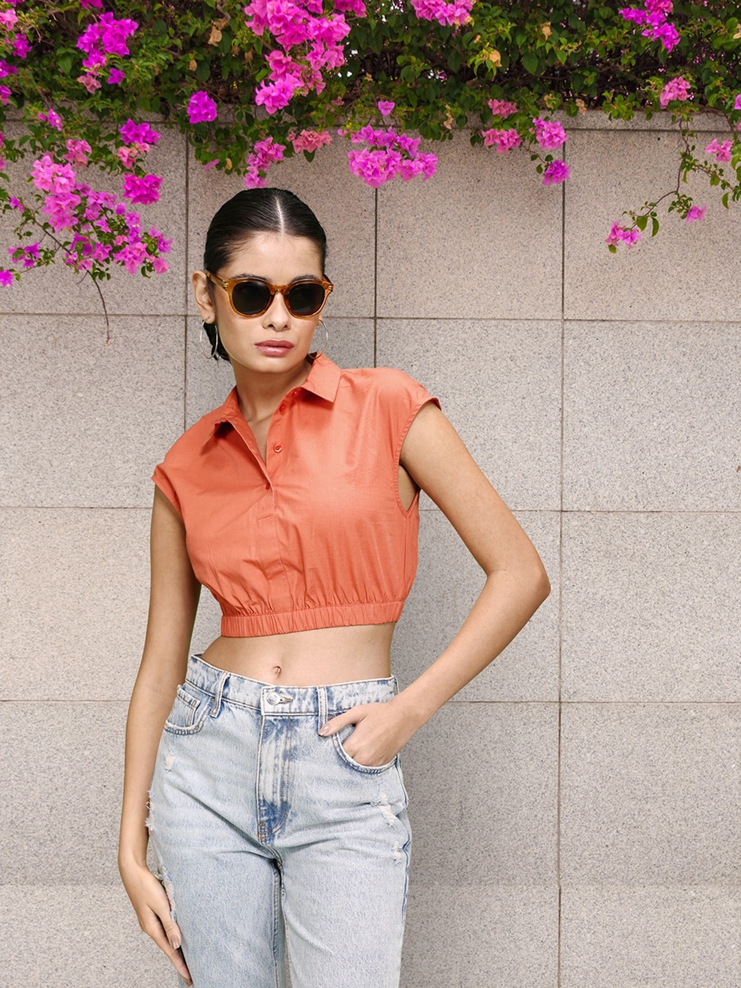 

DressBerry Pure Cotton Extended Sleeves Shirt Style Crop Top, Coral