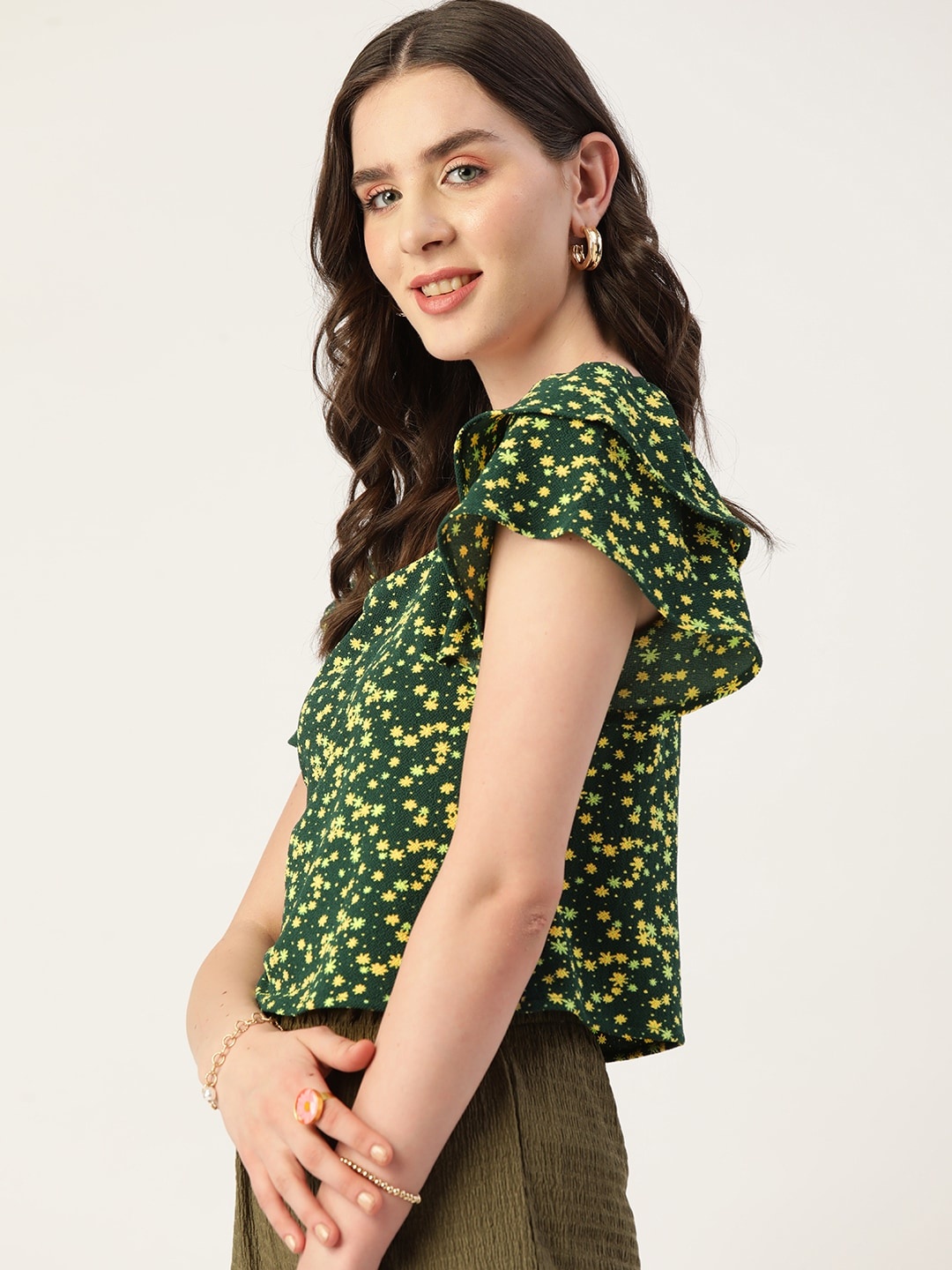 

DressBerry Square Neck Floral Print Ruffles Top, Green