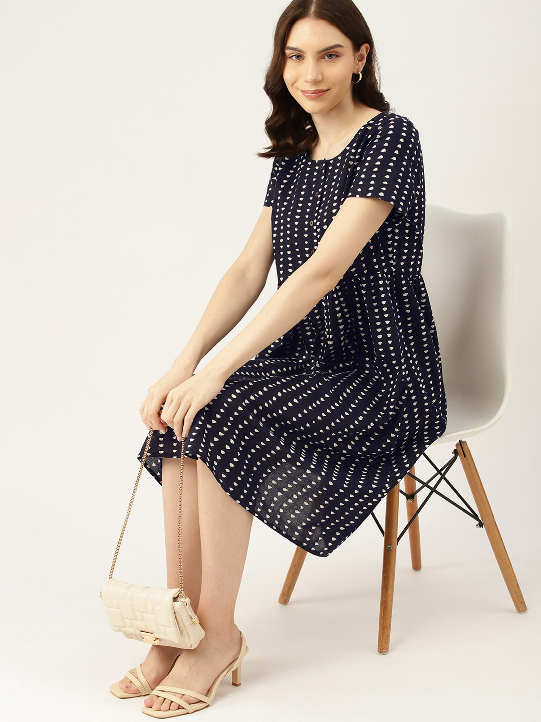 

DressBerry Pure Cotton Floral Print A-Line Dress, Navy blue
