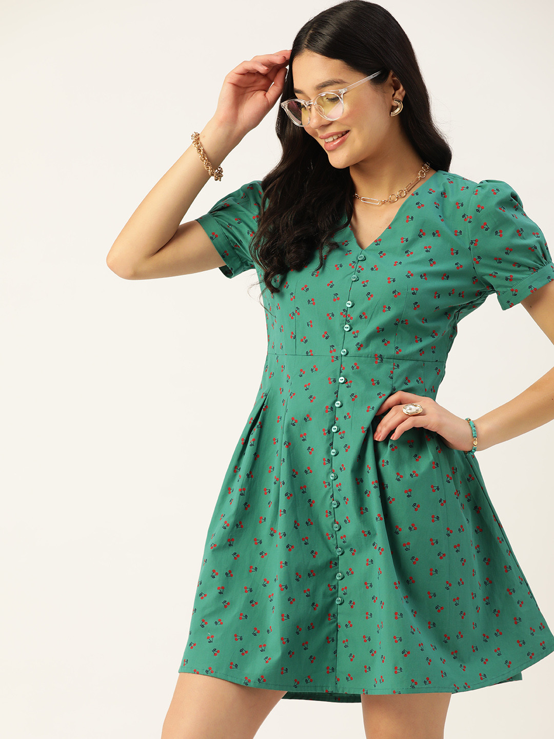 

DressBerry Cherry Print Pure Cotton Fit & Flare Dress, Green
