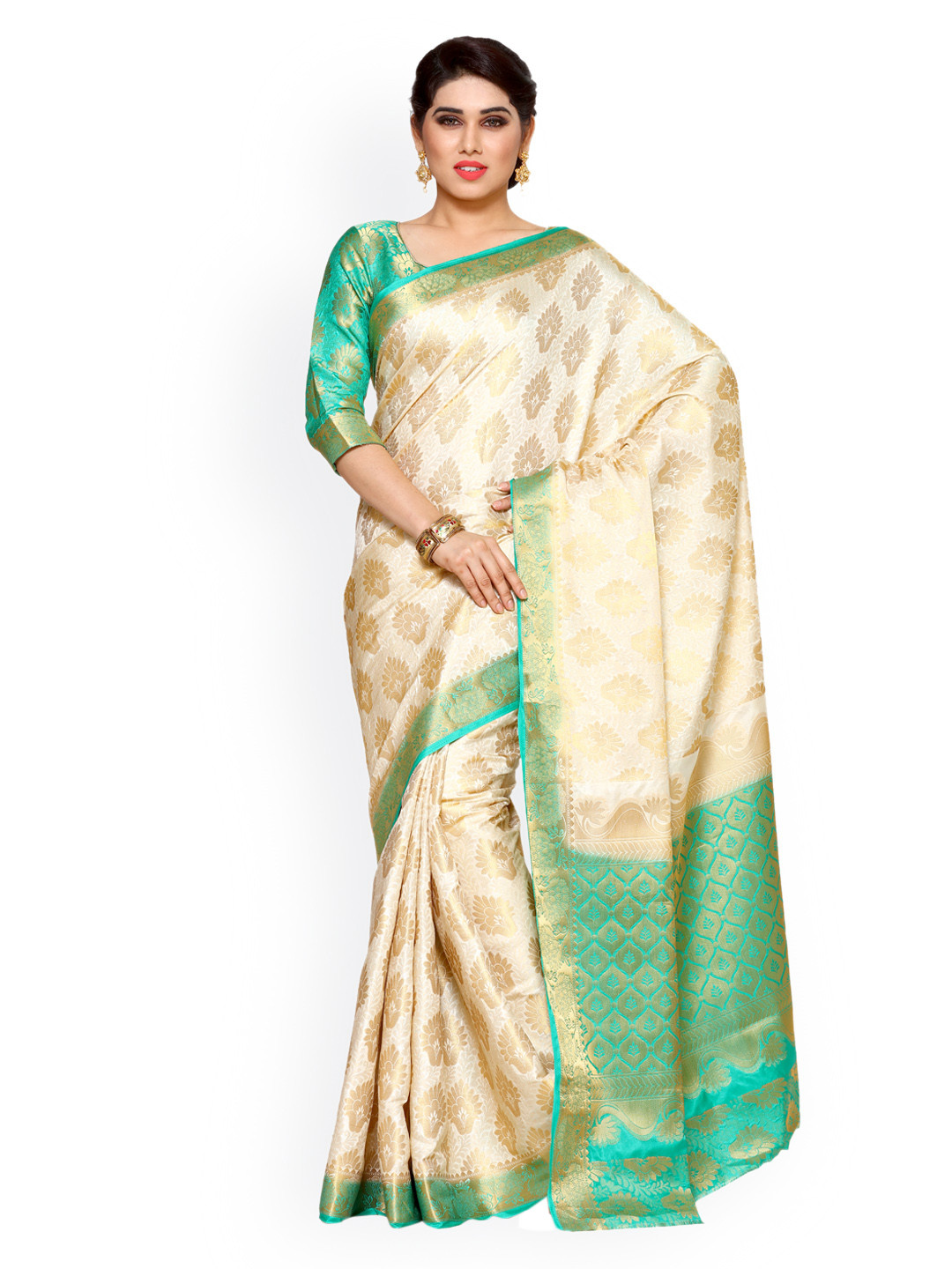 

MIMOSA Beige & Green Art Silk Woven Design Kanjeevaram Saree