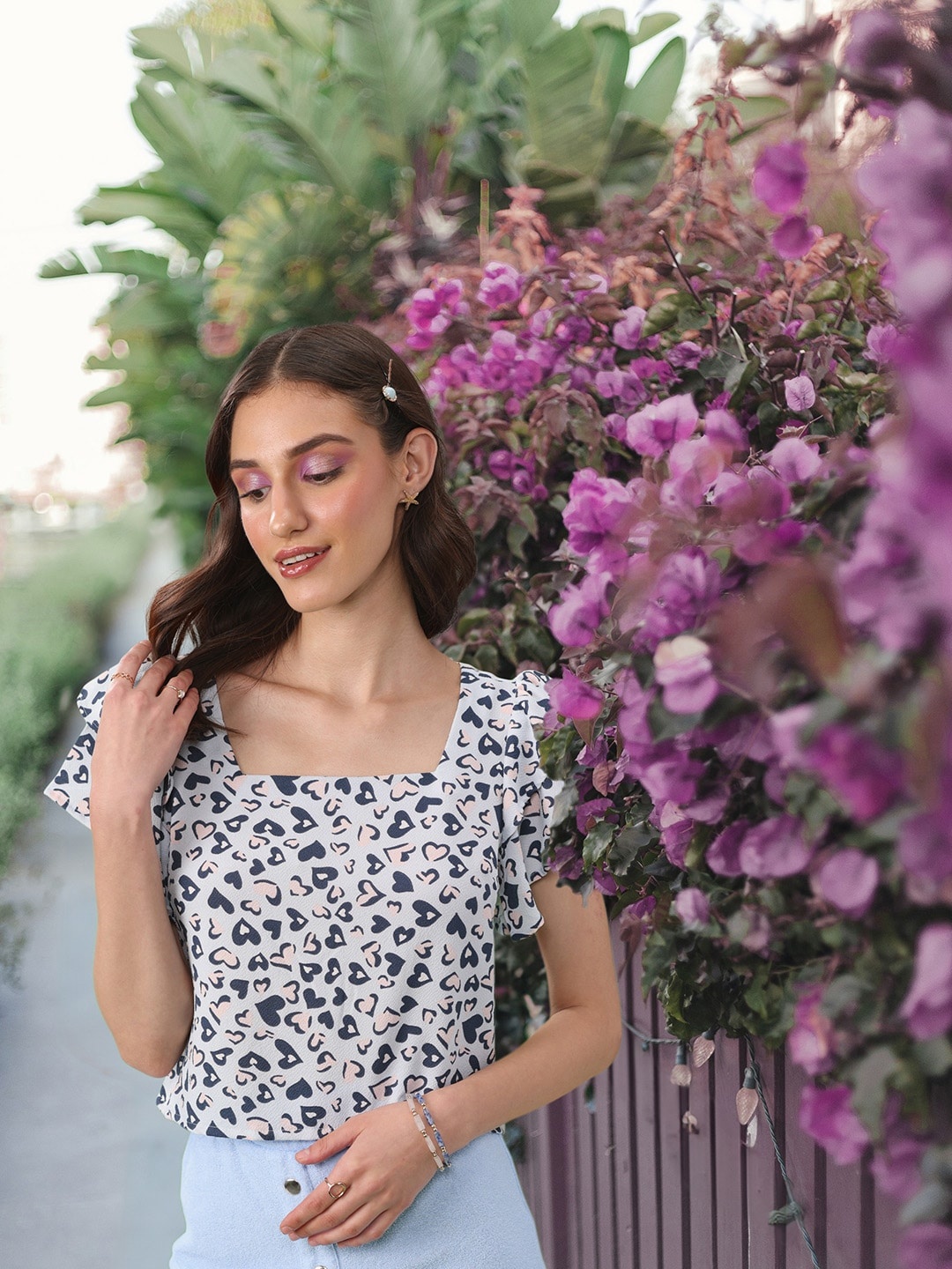 

DressBerry Square Neck Conversational Print Ruffles Top, Blue