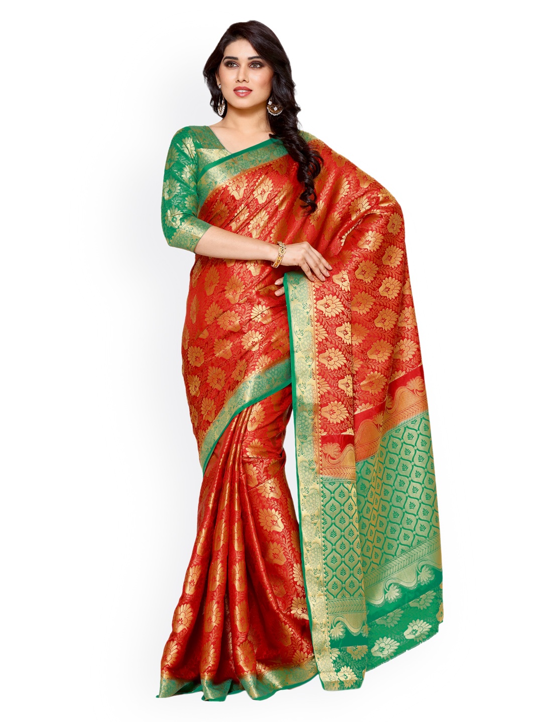 

MIMOSA Rust Red & Green Art Silk Woven Design Kanjeevaram Saree
